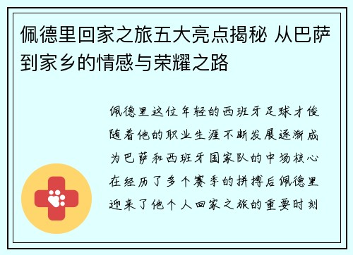 佩德里回家之旅五大亮点揭秘 从巴萨到家乡的情感与荣耀之路